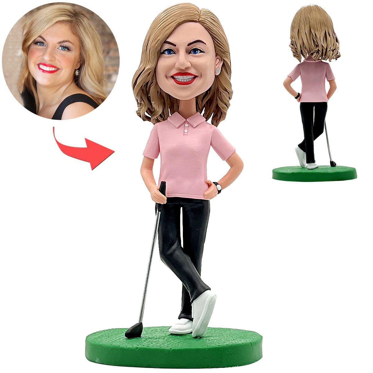 Glücklicher weiblicher Golfbobblehead im rosa Hemd