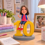 Personalisierte Wackelkopf-Figur für Mädchen zum 10. Geburtstag, sitzend auf der Zahl 10