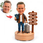 Personalisierte individuelle Ruhestands-Reise-Wackelkopffigur mit 360° drehbarem Musiksockel