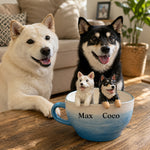 Personalisierte Kaffeetasse für zwei Haustiere mit handgefertigten Haustierfiguren