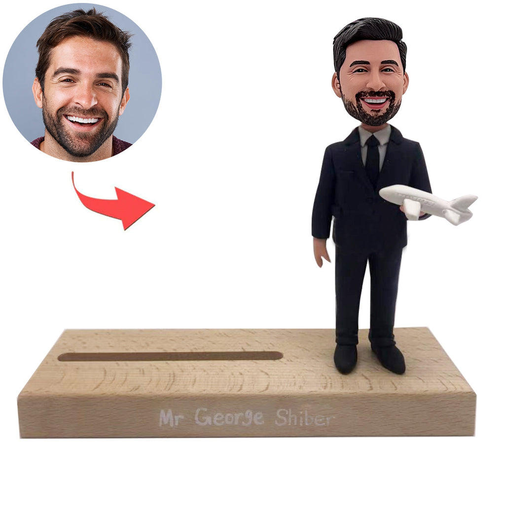 Custom Captain Bobblehead -Kartenhalter mit Flugzeugmodell